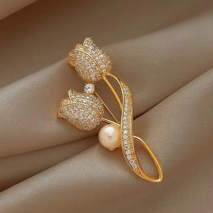 Luxo Pérola Tulipa Broche Feminino Diamante Acento Elegante Vestido Pino Presente