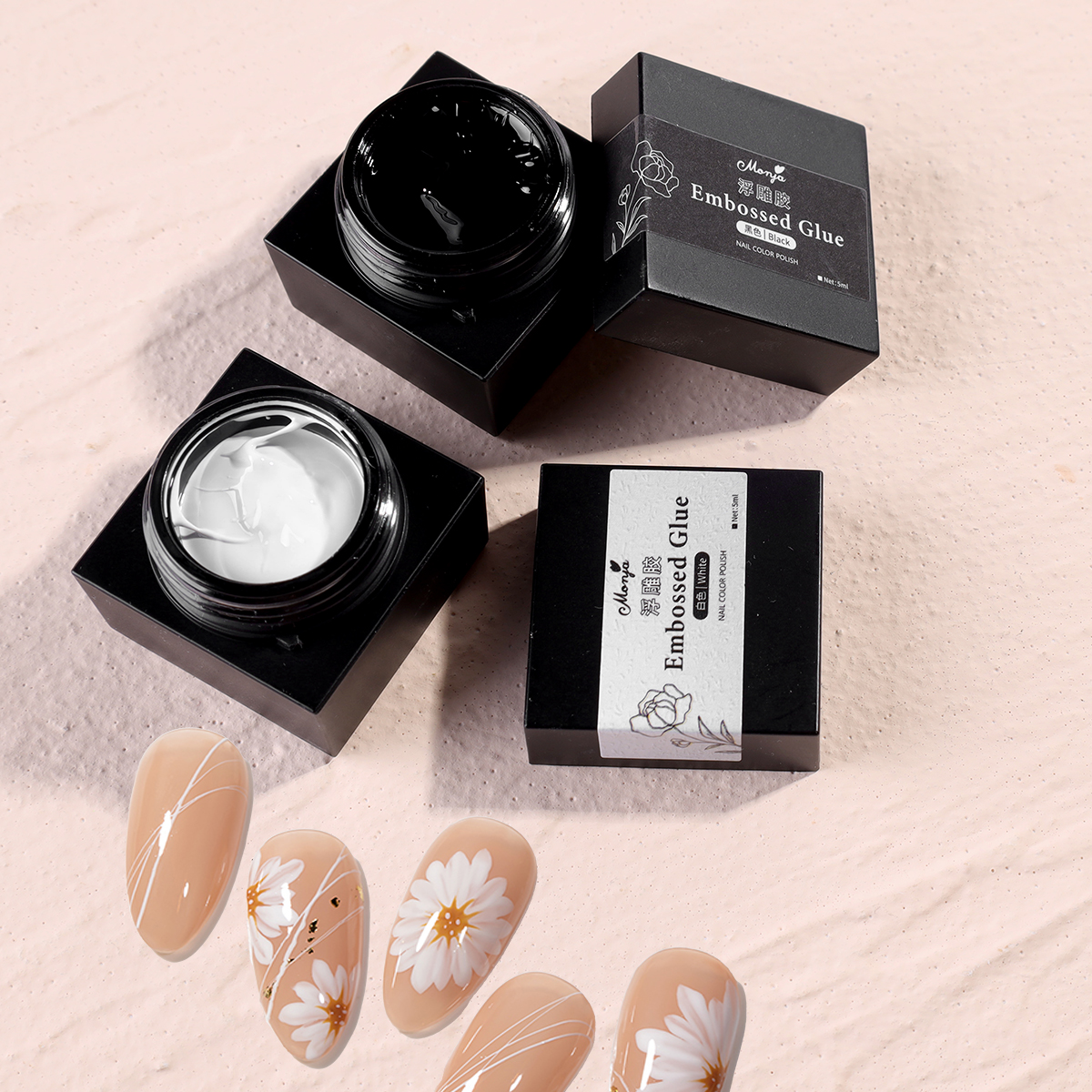 Monja Esmalte em Gel para Arte de Unha 5ml Pintado 3D Relevo Não Precisa Secar Preto Branco Ferramenta de Manicure DIY