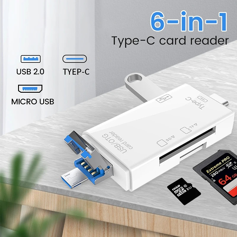 6 Em 1 OTG Type C HUB TF Leitor De Cartão SD USB2.0 Flash Drive Adaptador Micro Para Acessórios De Telefone