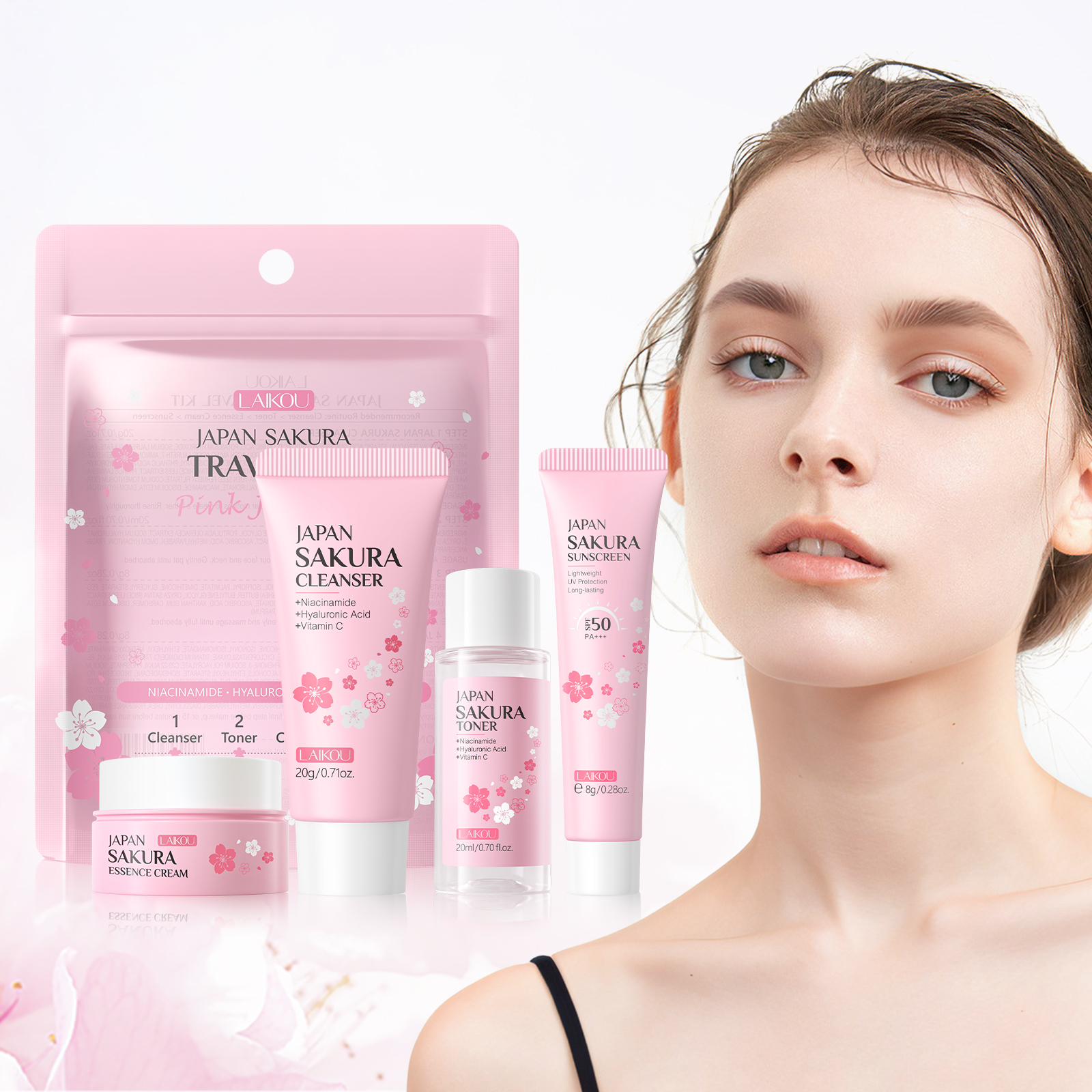 Novo Conjunto de Cuidados com a Pele LAIKOU Japão Sakura para Viagem - Reparação do Tonalidade da Pele e Hidratação 4