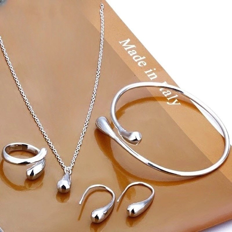 Conjunto De Joias Banhadas A Ouro Feminino Gota D’água – 4 Peças De Anel , Colar , Brincos , Pulseira , Presente Elegant