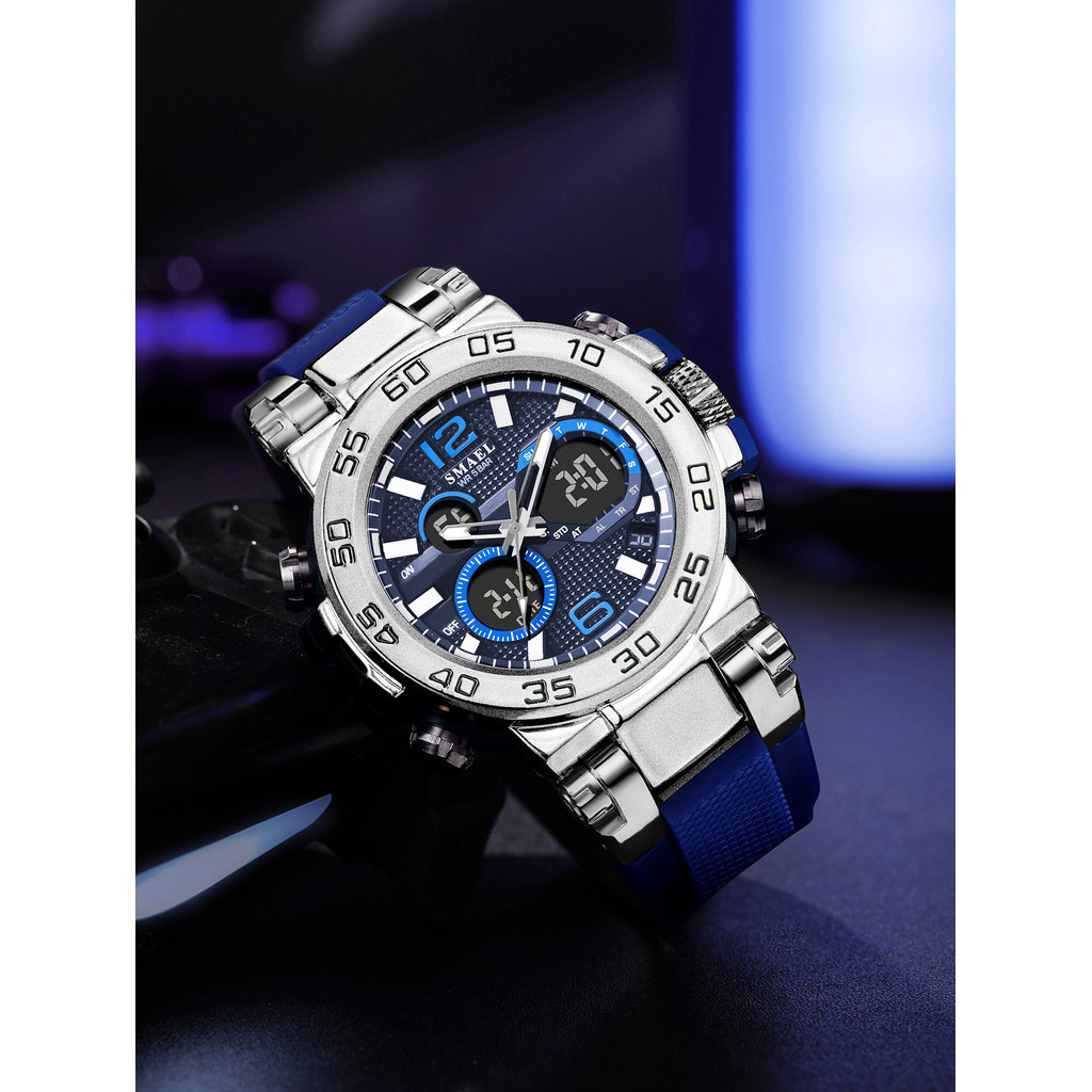Relógio Esportivo À Prova D'água SMAEL 8106 Azul Escuro-LED Digital Elegante E Despertador Analógico Para Jovens Da Moda