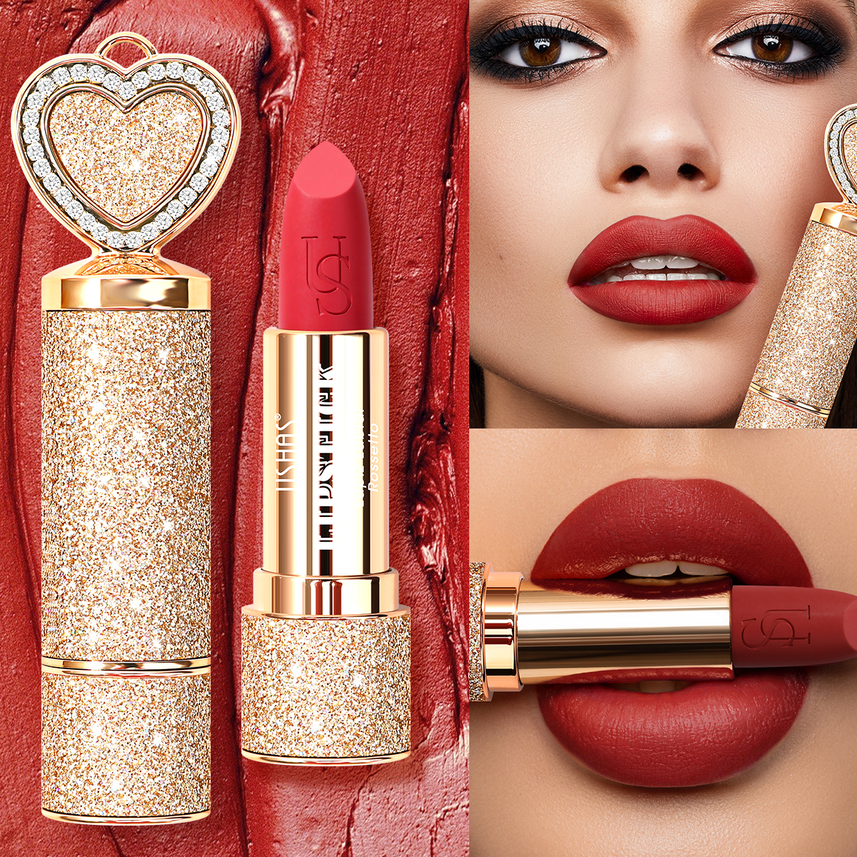 Batom Matte USHAS, hidratante, à prova de manchas, waterproof, estojo dourado, espelho de ...