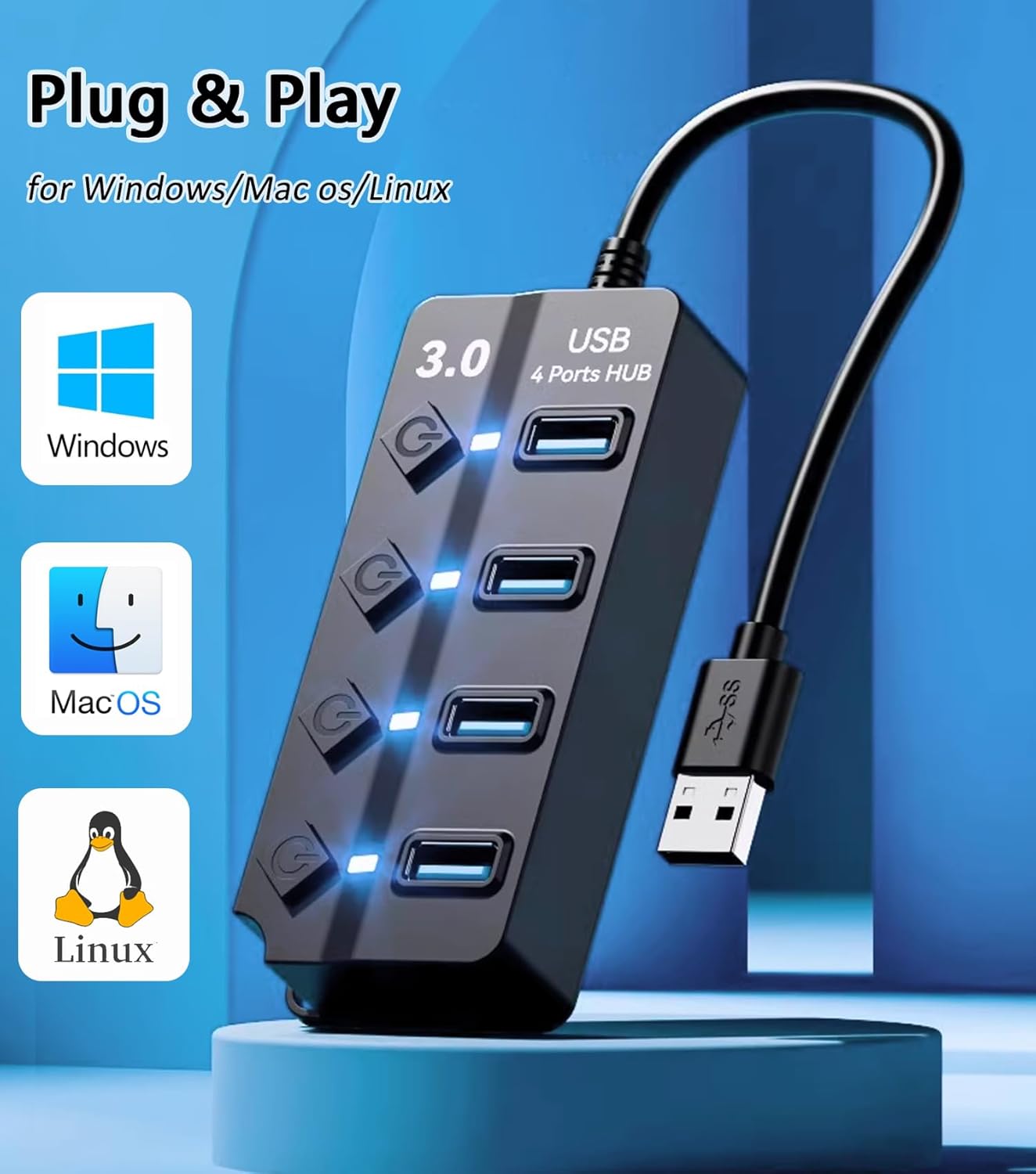 Multi USB Hub USB3.0 2.0 Splitter Use Adaptador De Energia Expansor USB4Port Com Cabo De Interruptor
