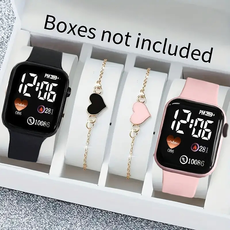 Conjunto De Relógio Digital Elegante , 4 Unidades , Caixa Quadrada , Pulseiras De Coração Para Mulheres , Presente De Na