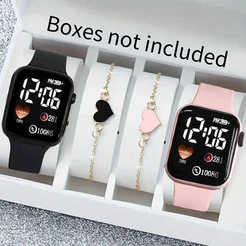 Conjunto Elegante De Relógio Digital Com 4 Pacotes Para Mulheres-Capas Quadradas , Pulseiras De Coração , Presente De Na