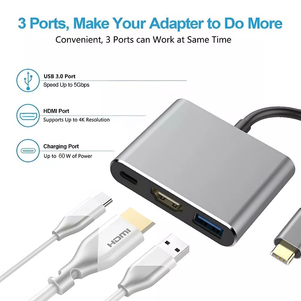 Hub USB C 3 em 1 Thunderbolt 3 para saída HDTV 4K, porta USB 3.0 e carregamento PD de 60W, conectividade simultânea de