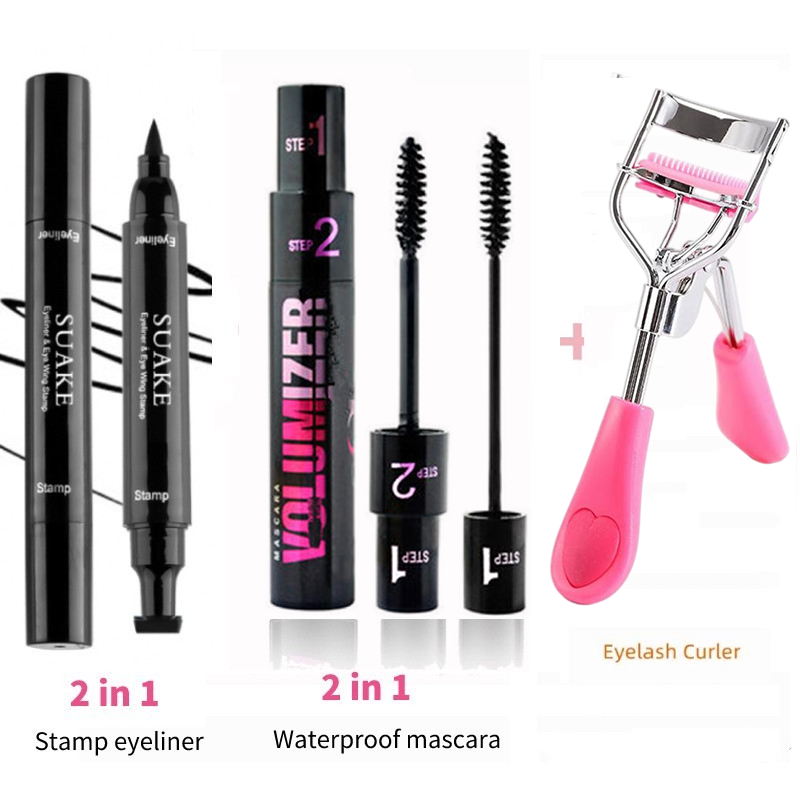 Conjunto De Maquiagem Para Os Olhos 3 Em 1-Lápis Delineador Com Carimbo De Rímel À Prova D'água , Modelador De Cílios E em Oferta na Shopee