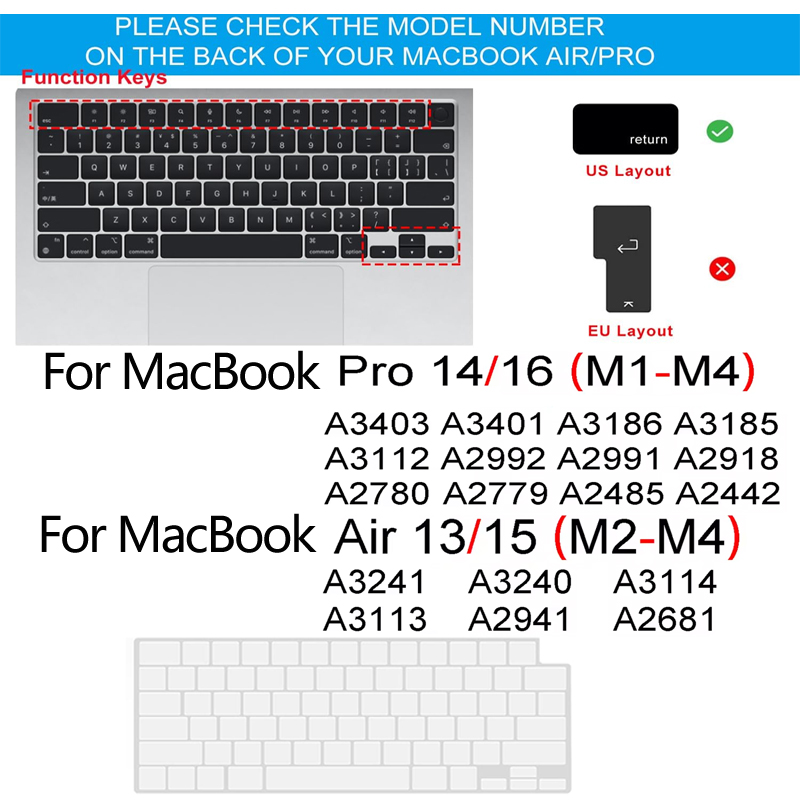 Capa De Teclado Para Macbook Air 13 15 Pro 14 16 M2 M3 M4 Protetora De Pele A3240 A3241 A2681 A2442