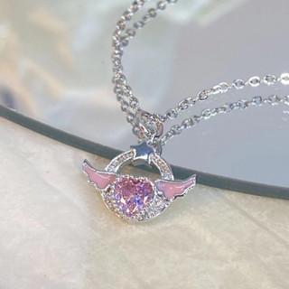 1pc Niche Fashion Exquisite Inlaid Cherry Pink Rhinestone Colar de Liga de Asas de Coração de Cerejeira