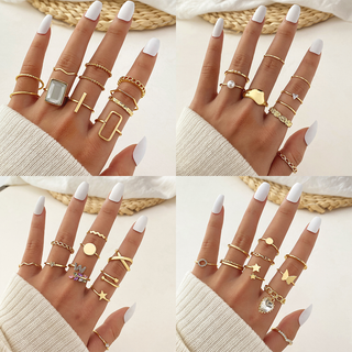 Nova Moda Européia Americana Moda Européia Amor Grande Pérola Cor Diamante Textura Brilhante Conjunto de Anéis Exagerados Abertura Geométrica Casal Jóias