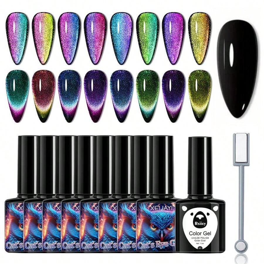 10Pcs 7.3Ml Conjunto De Gel De Unhas Para Gato Efeito Arco-Íris Magnético , Embebido Em