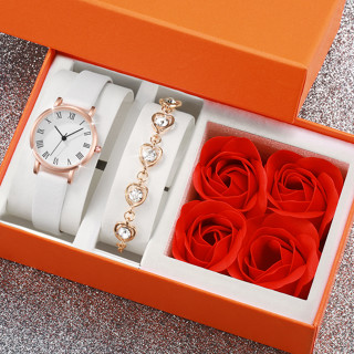 Moda Senhoras Relógio Caixa de Presente Conjunto de Caixa de Presente Casual Pequena Discagem Correia de Couro Quartzo Relógio Coração Pulseira Diamante Pulseira Dia dos Namorados