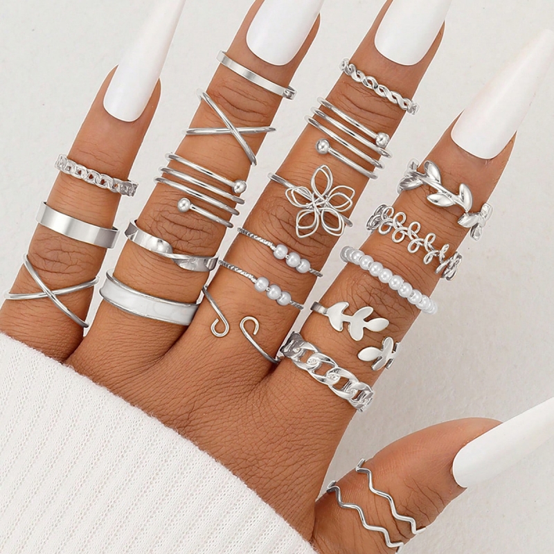 Conjunto de 22 peças elegante imitação de pérola flor folha Design geométrico conjunto de anéis femininos