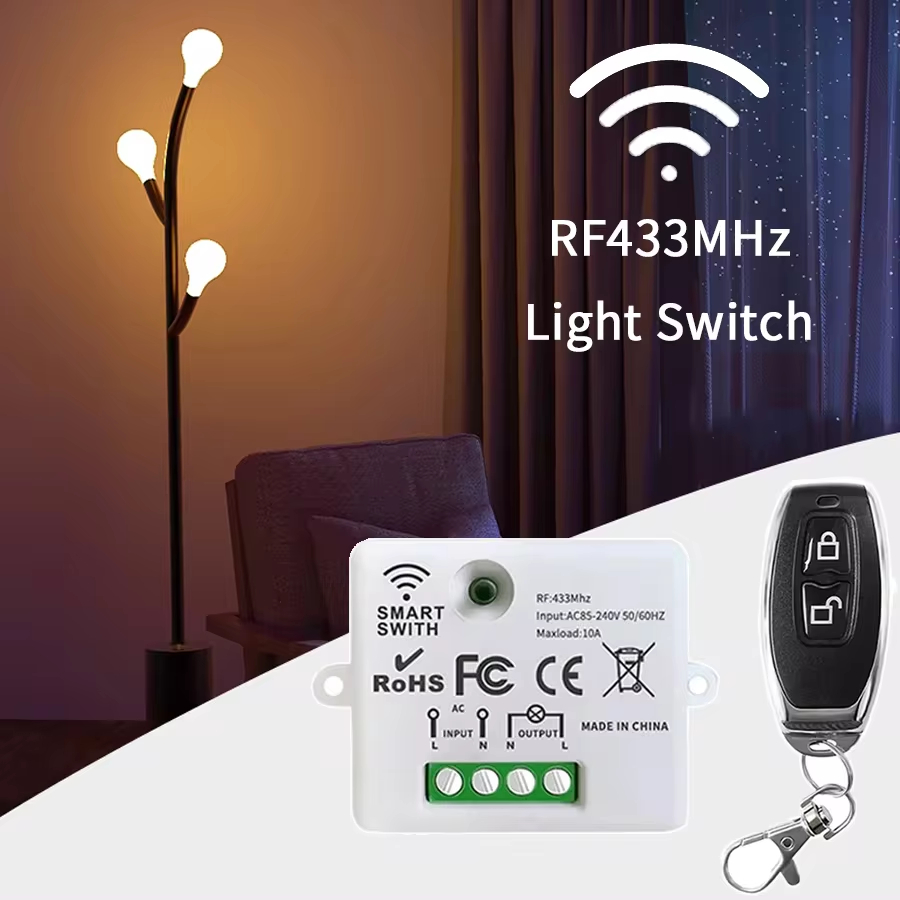 Interruptor de Parede com Painel ON/OFF, Receptor de Relé 10A para Iluminação, Controle Remoto RF 433MHz