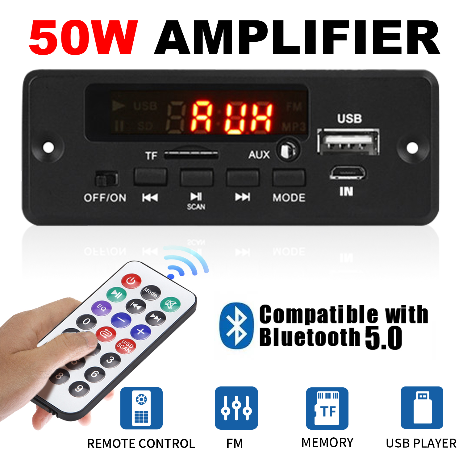Amplificador Bluetooth 5.0 DC 12V 50W, reprodutor de MP3, rádio FM, módulo de receptor Bluetooth, entrada USB, entrada