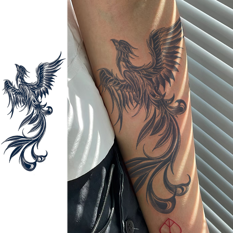 Tatuagem temporária à prova d'água, durável por 15 dias, tatuagem falsa de fênix de fogo para o braço, tatuagem