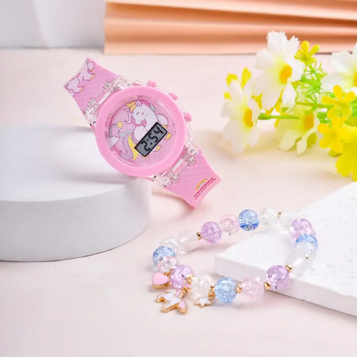 Meninas Novo Arco-Íris Unicórnio silicone Relógio Eletrônico Frisado Pulseira Conjunto 2 Pçs/set