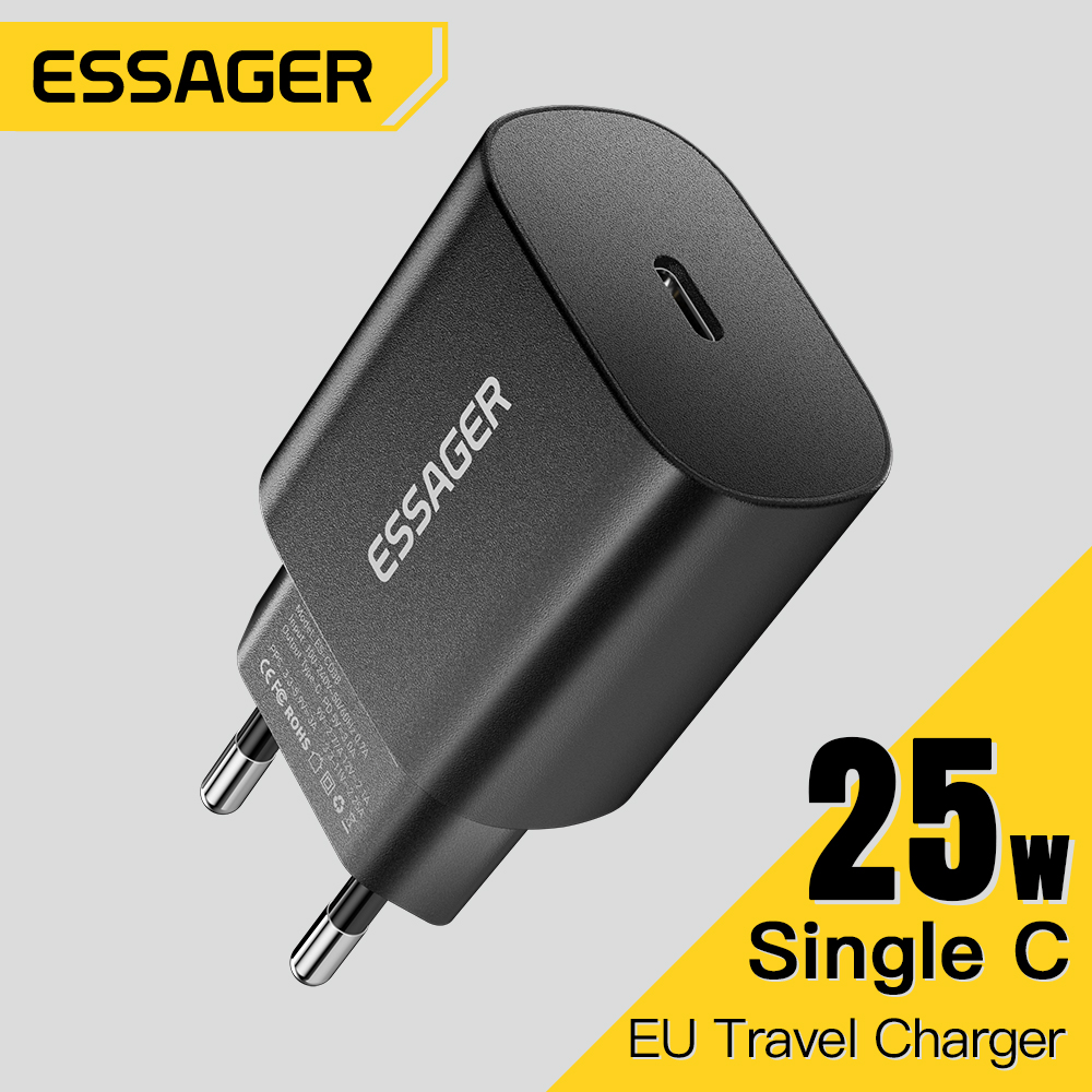 Carregador USB-C 25W com Suporte a PD de Carregamento Rápido Tipo C Portátil ESSAGER para iPhone 15 14 13 Pro Max