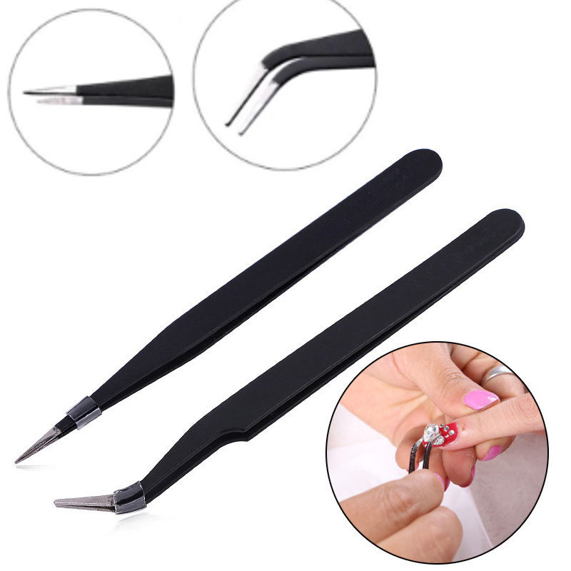 Pinça Preta Curvada/Reta De Aço Inoxidável Antiestática Para Strass/Cílios De Arte Em Unhas