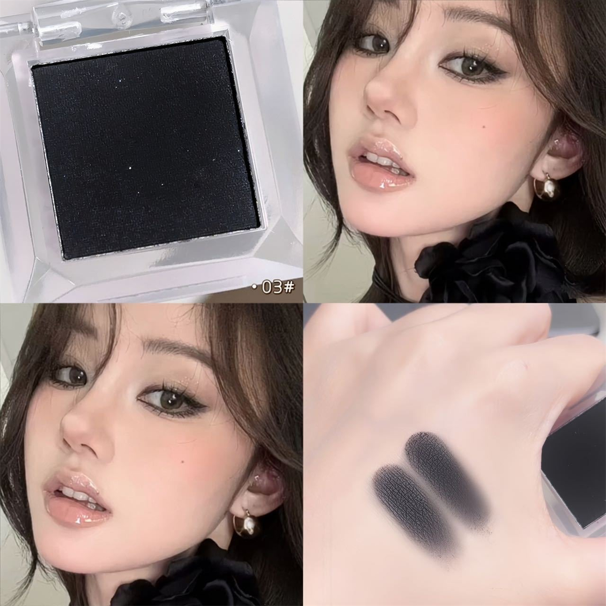 Uma sombra matte de uma cor, longa duração, efeito iluminador, pó macio.