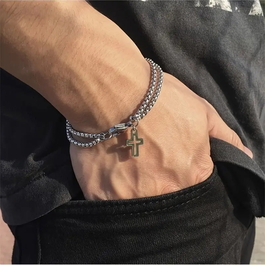 Pulseira De Corrente Com Pingente Cruzado De Camada Dupla Prateada Para Homens Estilo De Moda