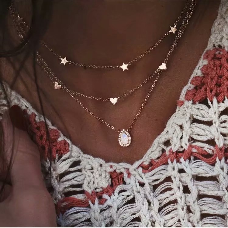 Personalidade da Moda Popular Personalidade da Moda Multi-Layer Cinco Pontas Estrela Coração de Pêssego Amor Mulher Gota d'Água de Diamante Novo Estilo Colar Jóias