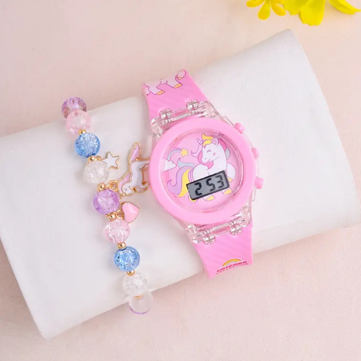  Conjunto de pulseira com contas e relógio eletrônico de silicone unicórnio arco-íris para meninas