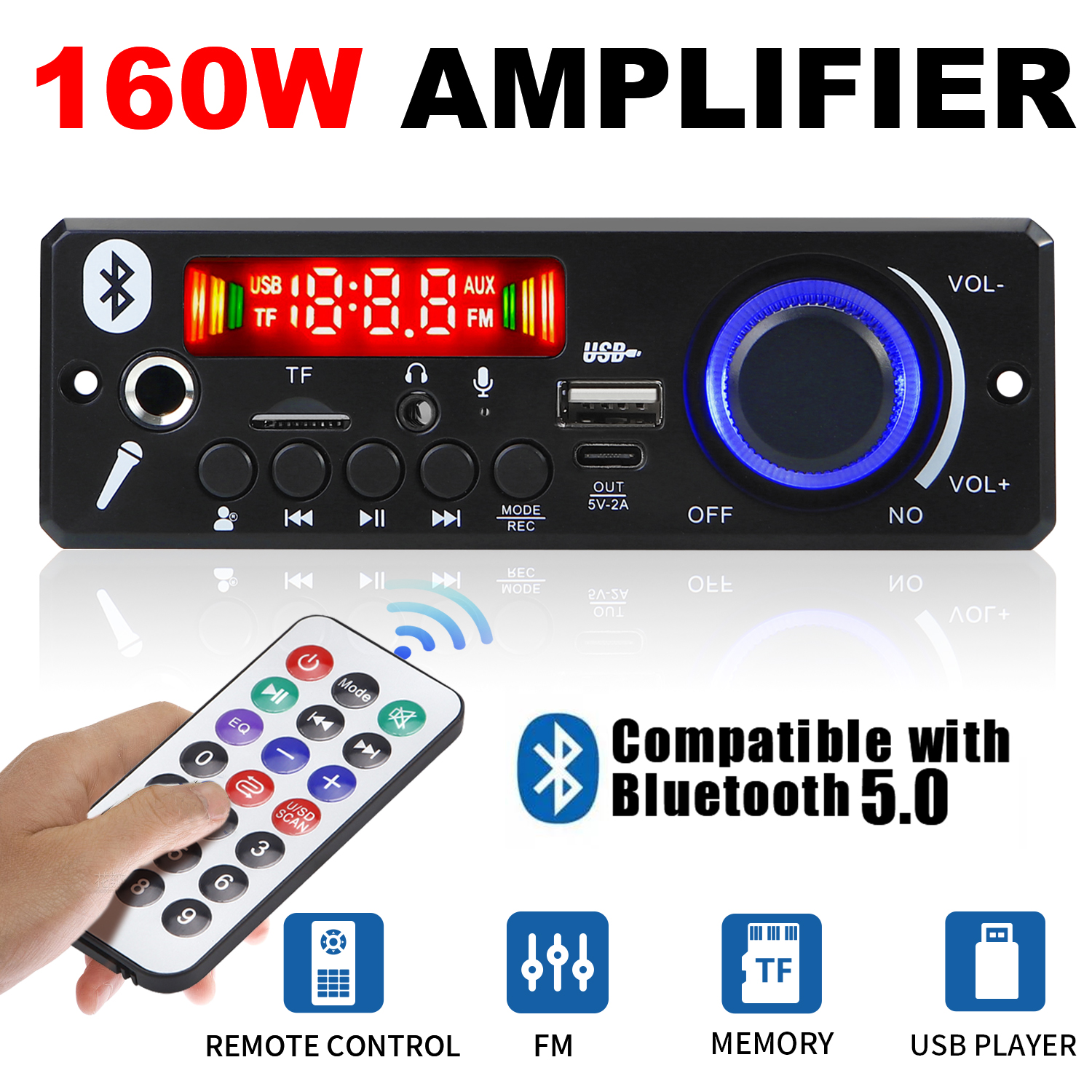 Amplificador 160W Bluetooth 5.0 DIY Placa MP3 Reprodutor De Áudio 12V Módulo Rádio FM TF USB Microfone Gravação Chamada