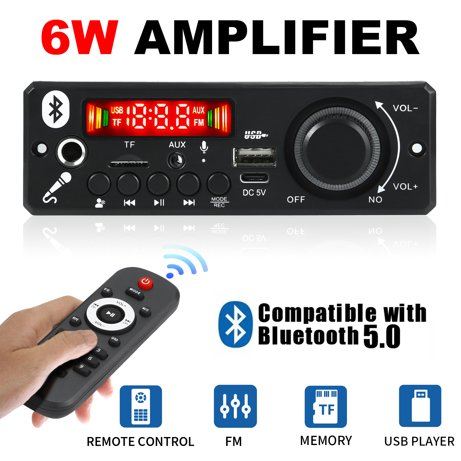 Placa de Amplificador Bluetooth 5.0 DC 5V de 6W para MP3, Suporte a Chamadas, Saída 3,5 mm, USB, TF, FM, Módulo