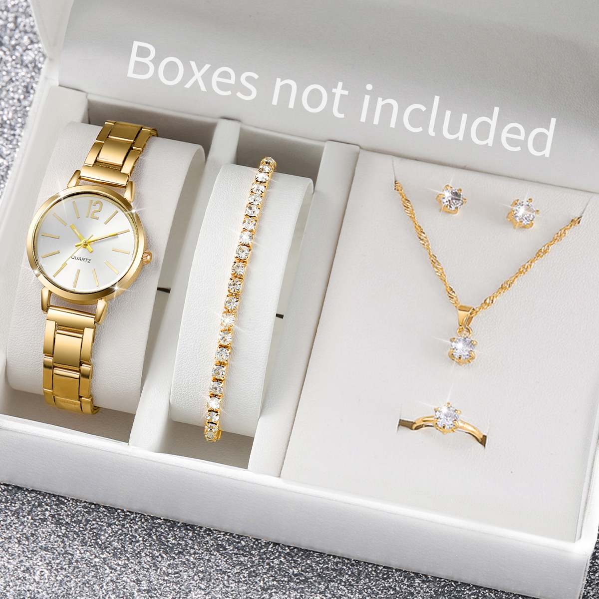 Conjunto De Relógios Femininos De 6 Peças , De Quartzo Com Pulseira De Liga Unissex Da Moda Rovga Strass , Joias (Sem Ca