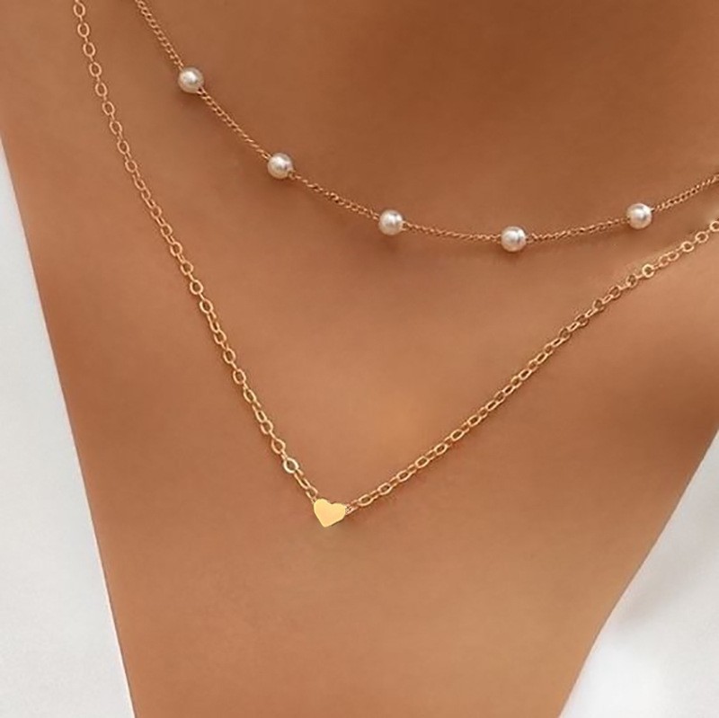 Colar De Coração De Pérola De Camada Dupla , Gargantilha E Corrente Elegantes , Moderno De Duas Camadas Para Mulheres