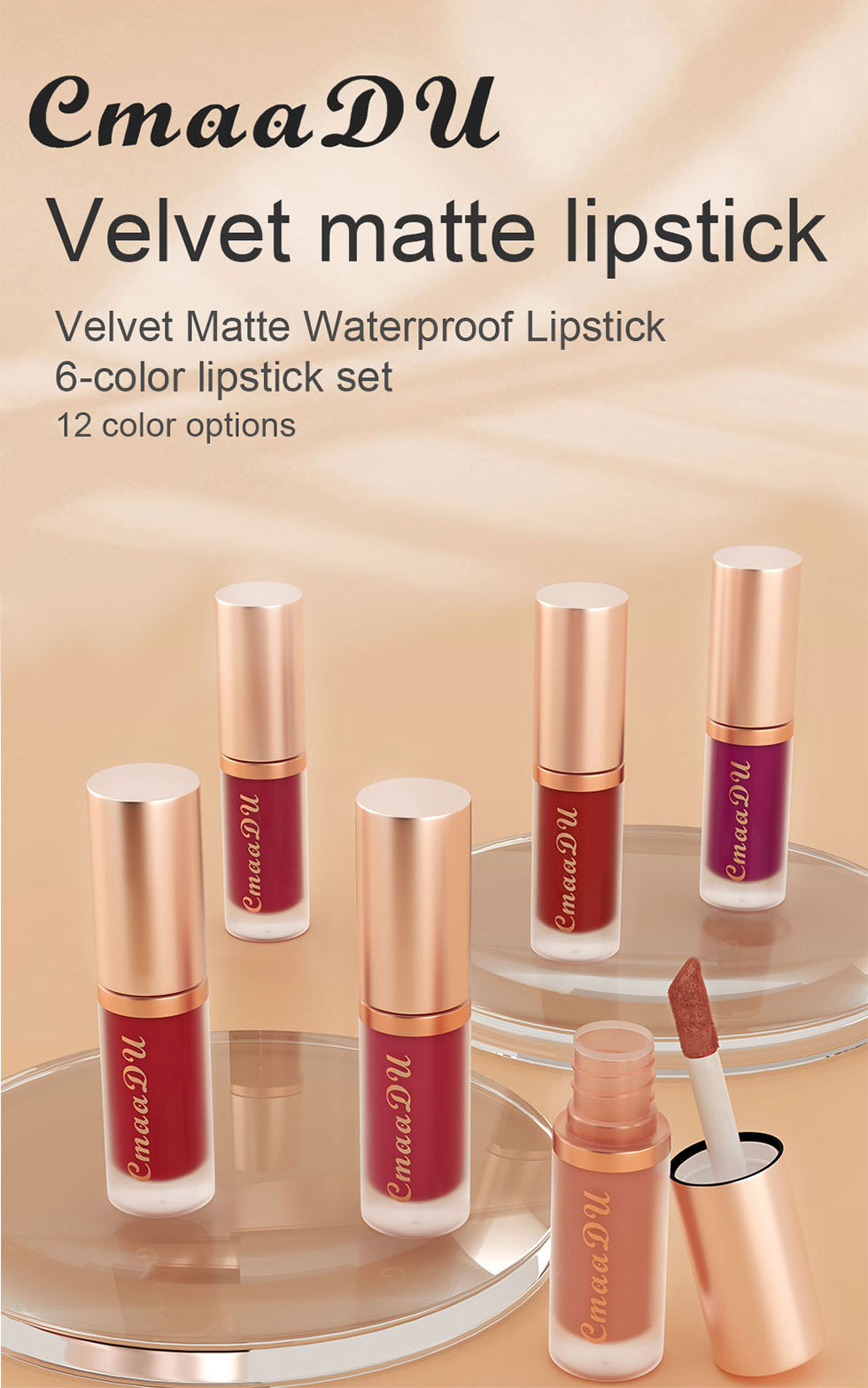CmaaDu Gloss Labial Matte Velvet de 12 Cores, Impermeável, Resistente ao Desbotamento, Não Gruda na Caneca.
