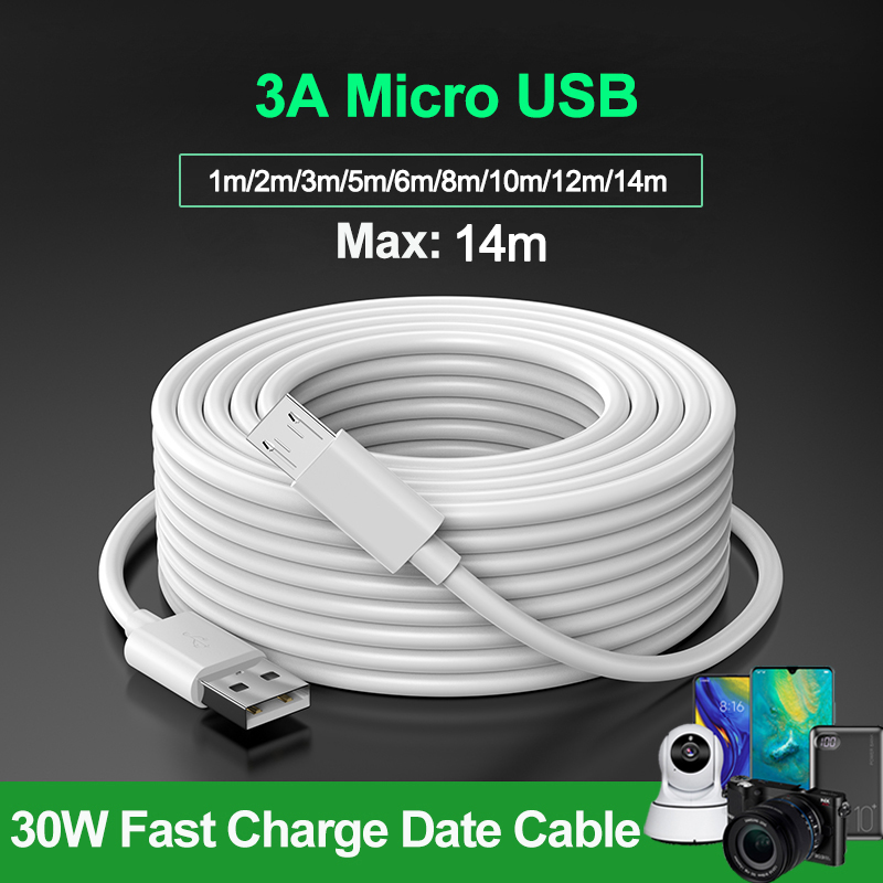 Cabo Micro USB de 1M a 14M para alimentação de câmera Xiaomi, monitor, celular, 