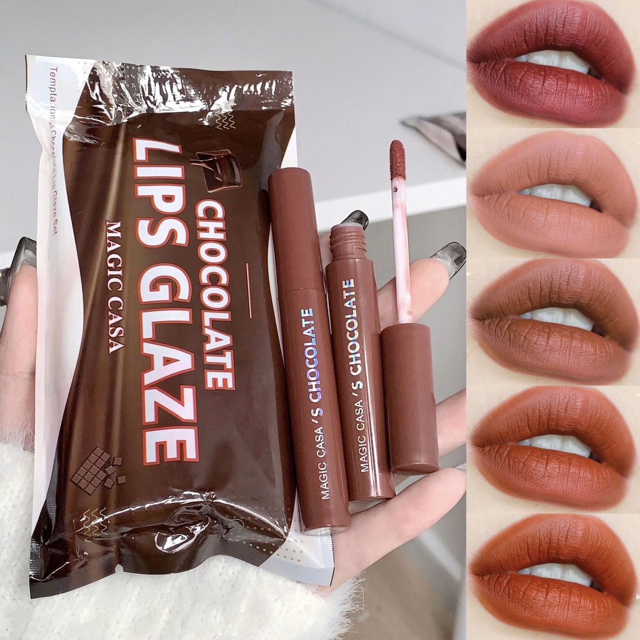 Kit Labial Fosco Indulgente 5 Cores Brilho Durável Inspirado em Chocolate para Todos os Tipos de Pele