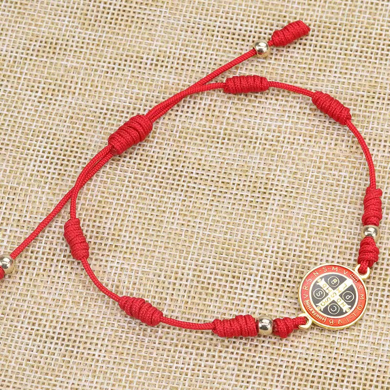 Pulseira De Corda Vermelha De São Bento Vintage Em Liga Esmaltada Joias Religiosas Feitas À Mão