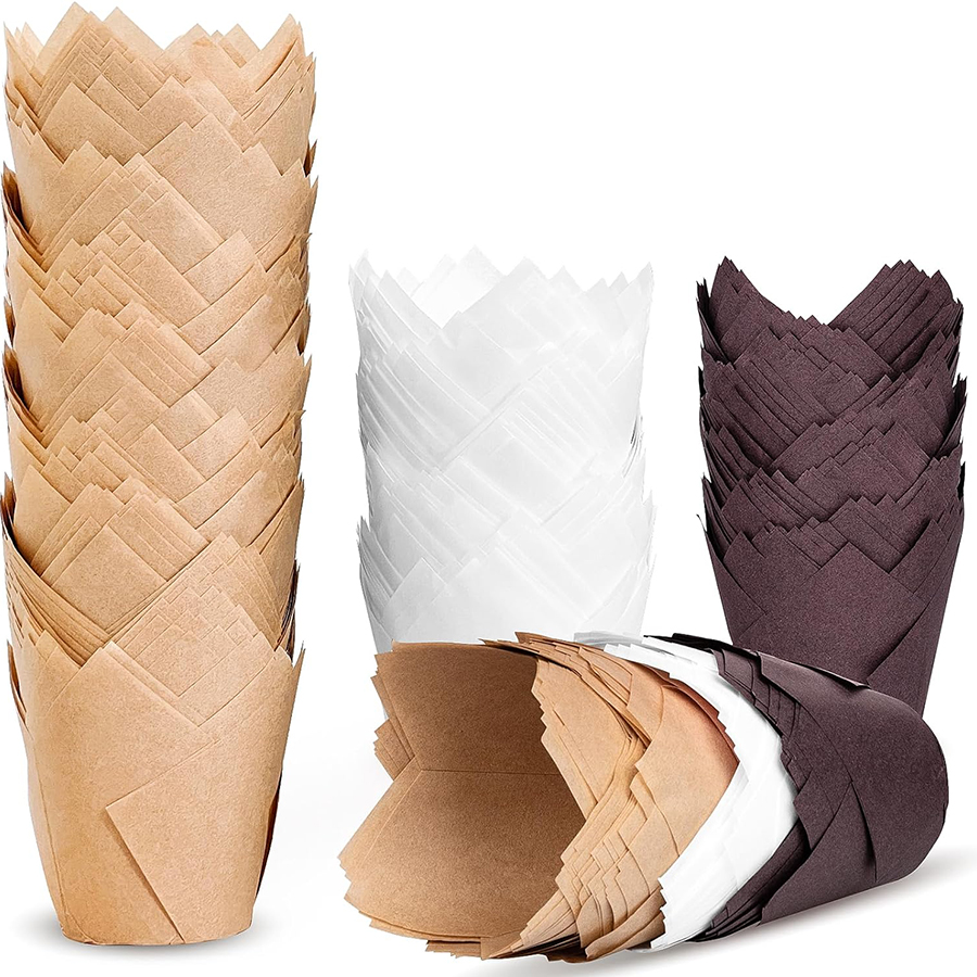 Cápsulas de Forno para Cupcake de Tulipa, Forminhas de Muffin, Suporte Rústico para Cupcakes, Moldes de Papel para