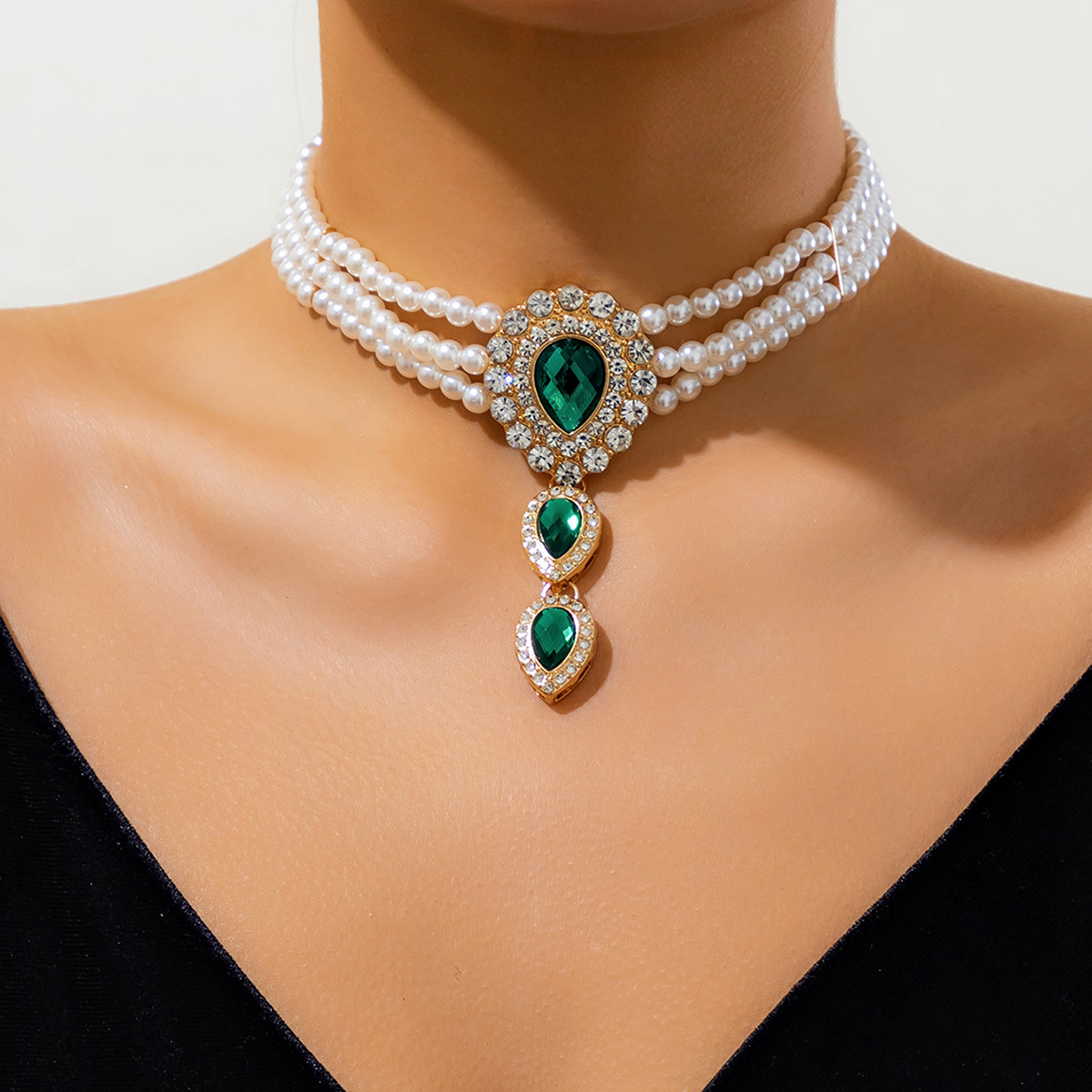 Imitação De Luxo Pérolas De Com Gargantilha De Cristal Verde/Transparente Para Mulheres Encanta Colar Feminino Da Tendência No Pescoço Acessórios De Casamento 2024 Fashion Jewelry Gifts