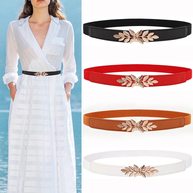 Cinto Minimalista Com Fivela De Folha E Cintura Fina Para Mulheres – Cincher Elástico Leve Ajustável Trabalho/Roupas