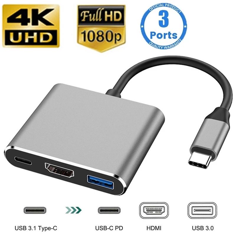 Adaptador USB para HDMI Tipo C HUB OTG 3-em-1 4K HDMI para Laptops e Tablets