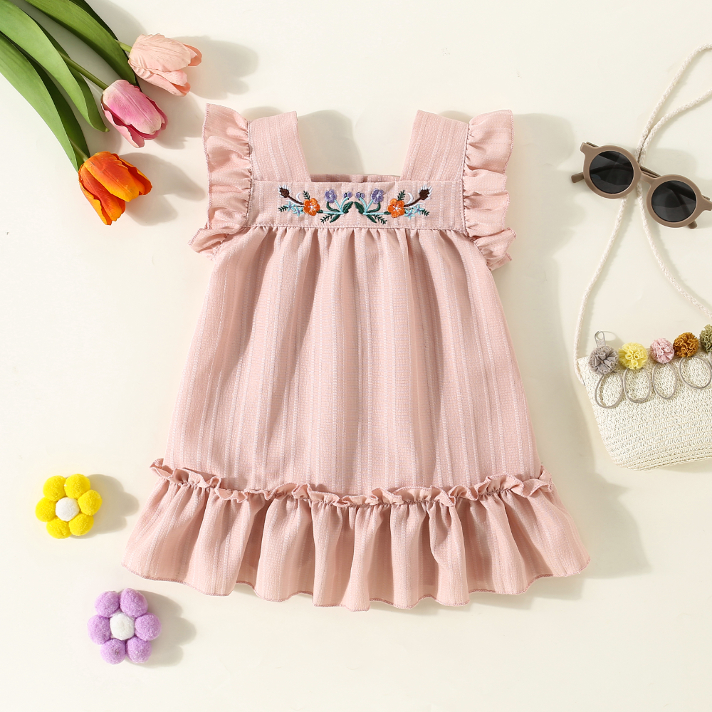 Vestido De Bebê Para Meninas Pescoço Quadrado Bordado Com Flor Rufo Toddler