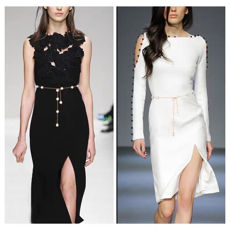 Corrente De Cintura Fina Pérola Moderna Para Mulheres – Cinto Elástico Ajustável Vestidos , Acessório De Festa