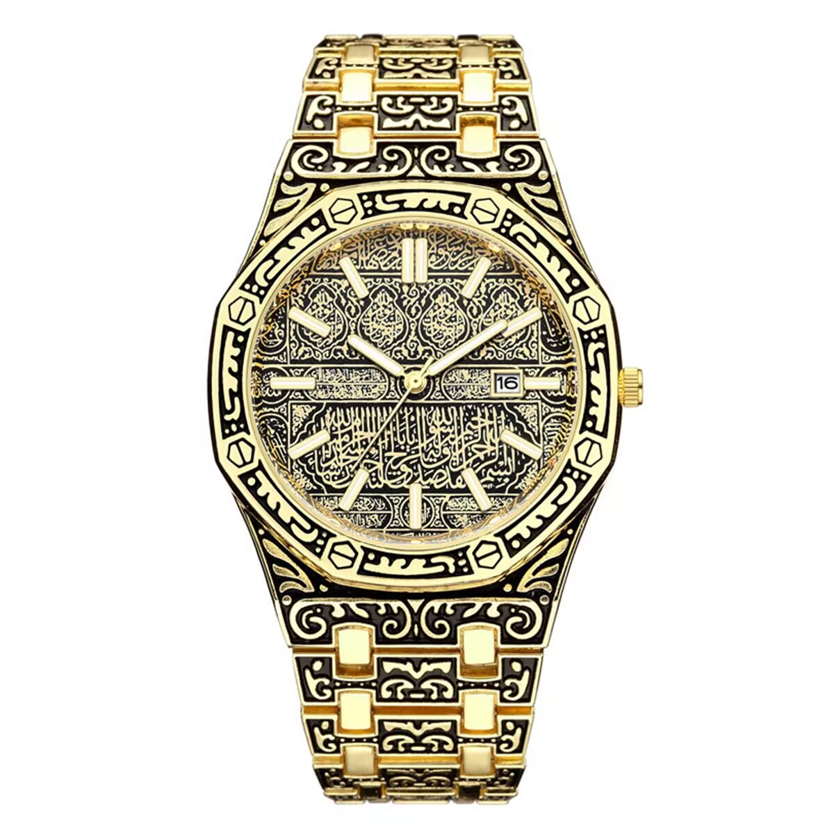 Relógio Masculino Octogonal Gravado Elegante : Design Clássico Dourado Com Calendário Prático em Oferta na Shopee