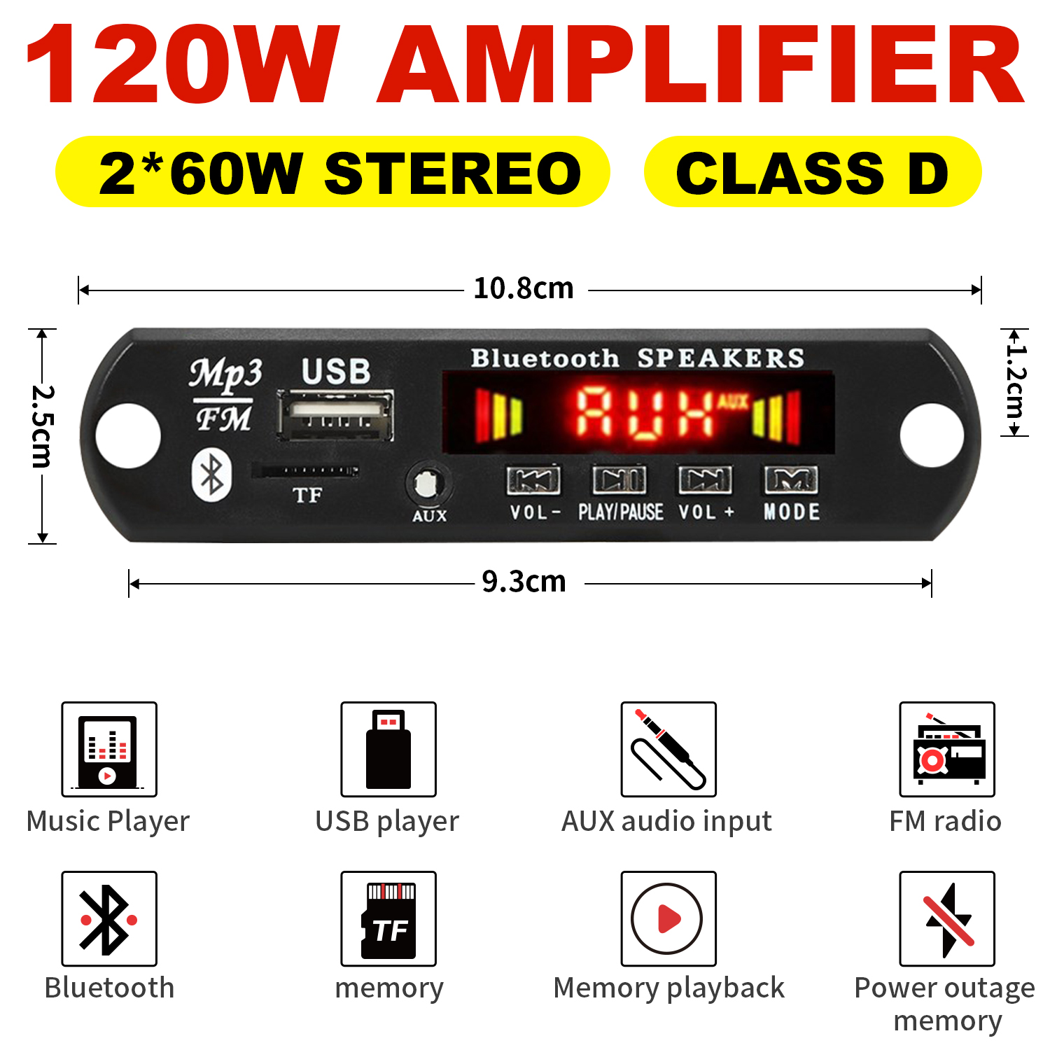 Placa amplificadora 120W, áudio Bluetooth 5.0, player MP3 DIY, módulo rádio FM, TF USB, microfone.