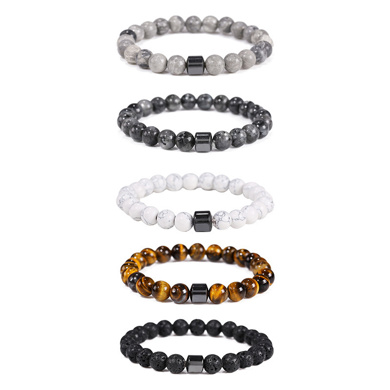 Pulseira Minimalista de Nicho 8mm Branca Turquesa Ônix Preta Pedra de Lava e Pedra de Mapa para Homens
