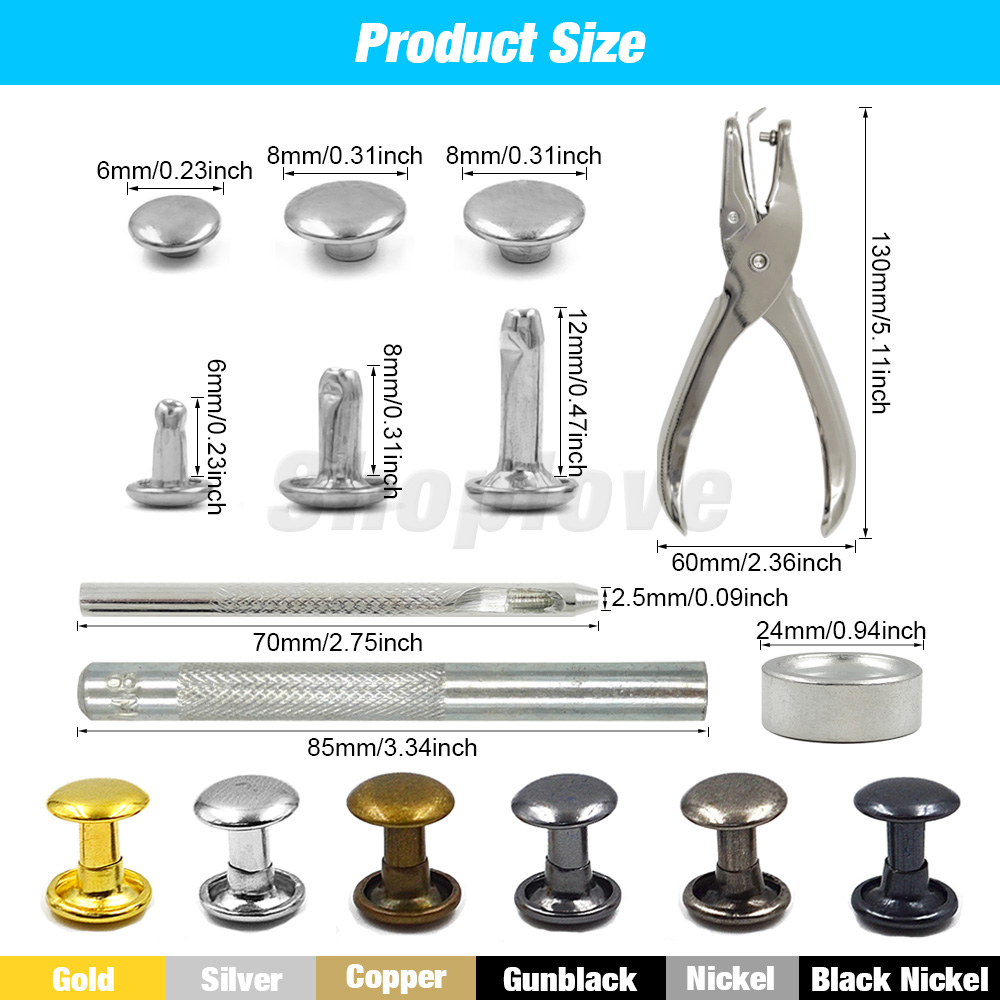 Novos rebites de metal duplo de 6/8mm com kit de ferramentas para couro, sapatos, bolsas, cintos, roupas e acessórios de