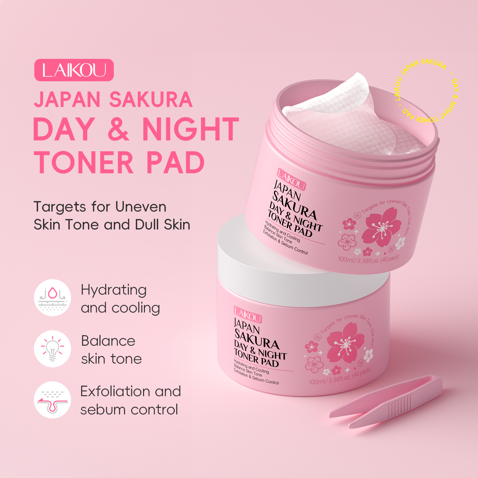 LAIKOU Japão Sakura Toner Pad Dia e Noite Hidratante, Refrescante e Equilibrador de Tom de Pele 100ml/40 unidades