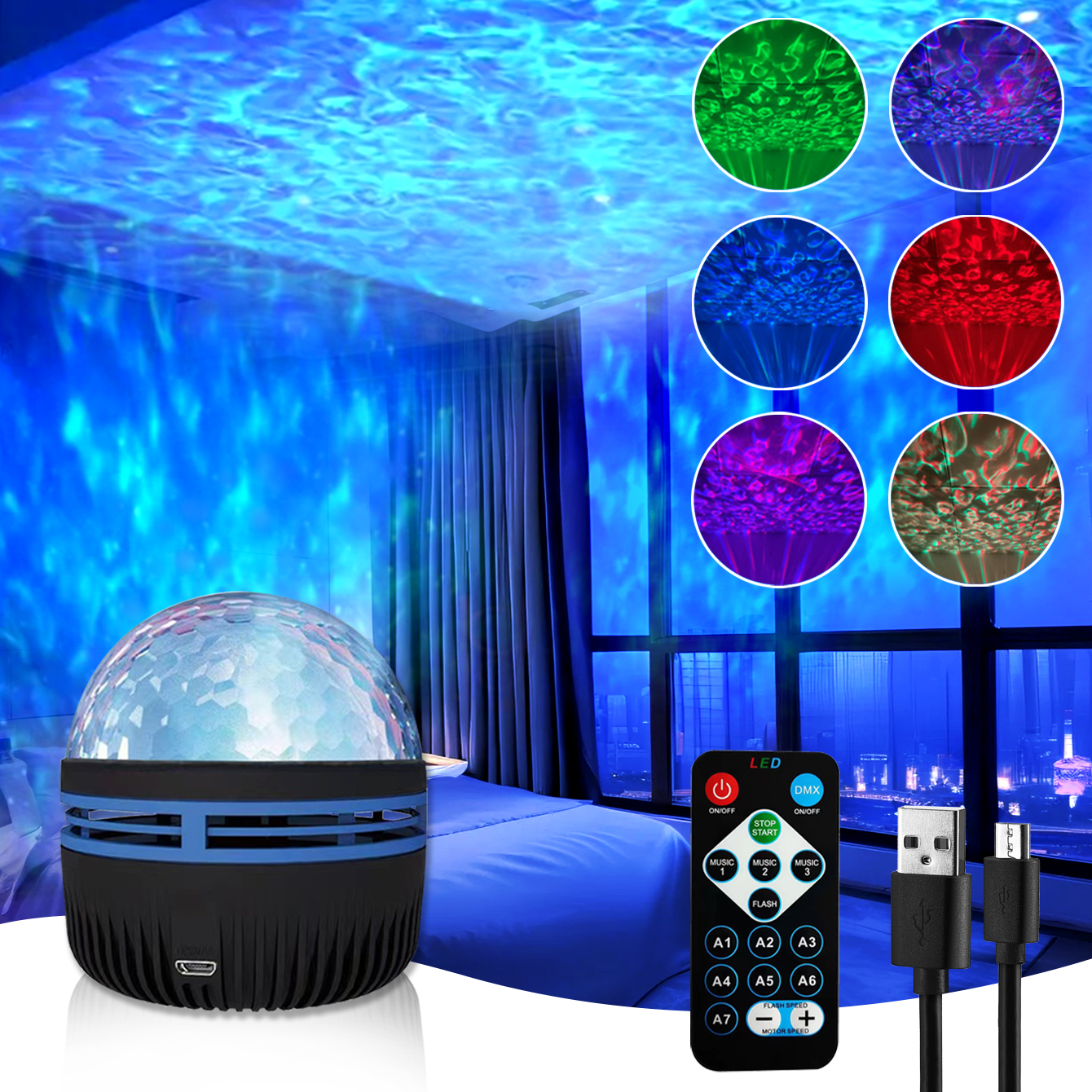 Conjunto ABS LED Water Pattern Starry Sky Luz de Projeção RGB USB Romântica para Dia dos Namorados e Férias