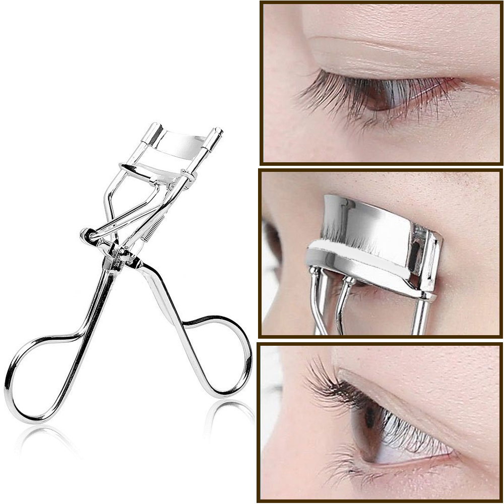 Curvador de cílios de aço inoxidável durável com clip para cílios postiços e faixa de silicone, ideal para iniciantes.