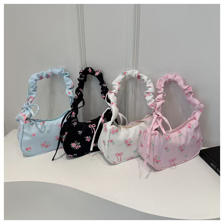 Bolsa Floral Exclusiva Com Cordão Enrugado , Elegante , Versátil , De Ombro Nas Axilas Para Mulheres